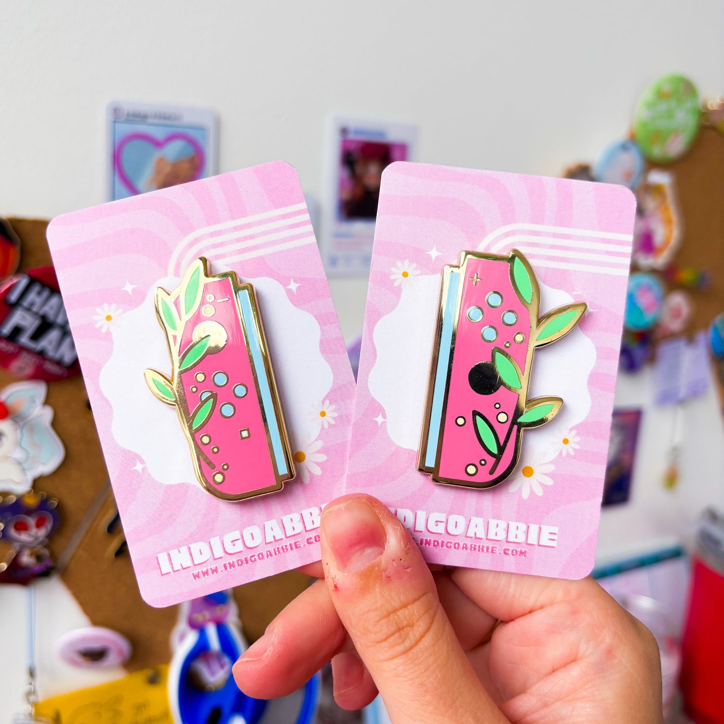 pink floral joycon enamel pins