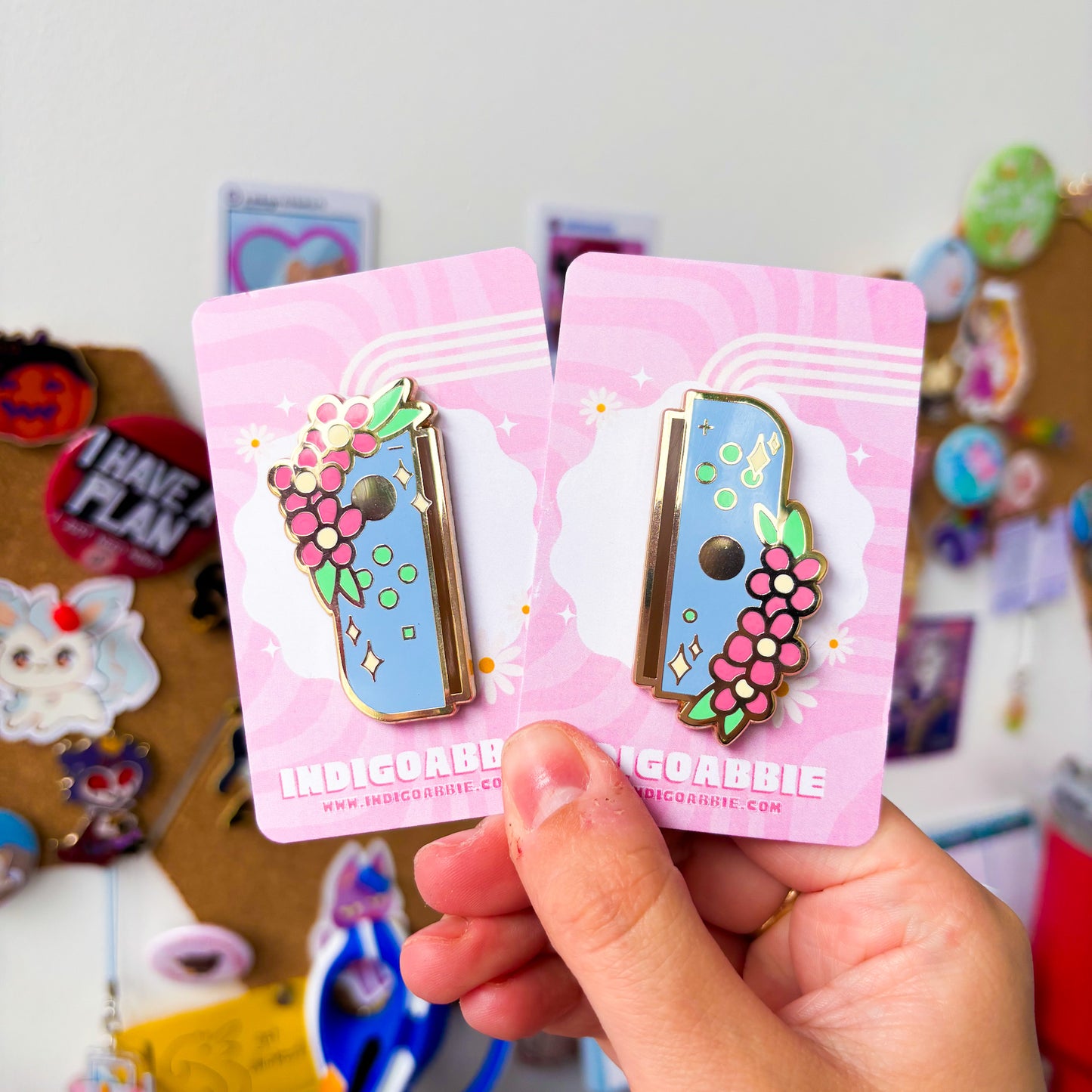 blue floral joycon enamel pins