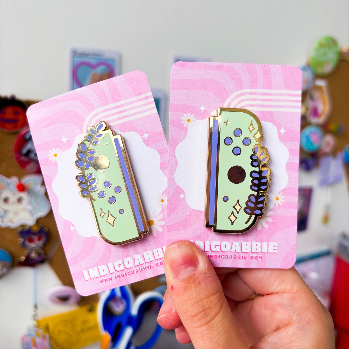 green floral joycon enamel pins