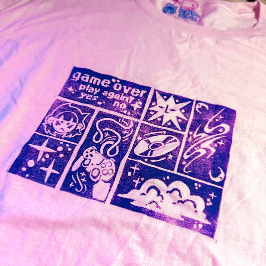[3 XL] 'Game Over' Pink & Purple T-Shirt (warped print)