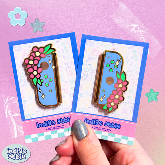 blue floral joycon enamel pins
