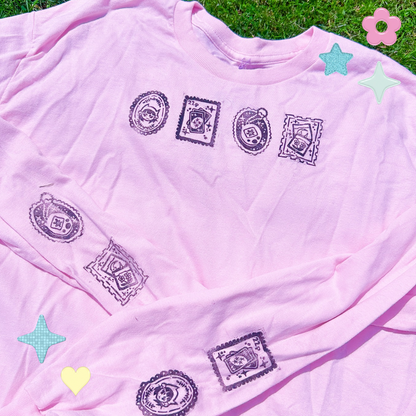 [L] 'Nostalgia Postcards' Pink & Black Long Sleeve T-Shirt