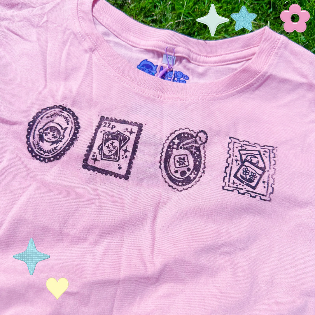 [XS] 'Nostalgia Postcards' Pink & Black Baby Tee