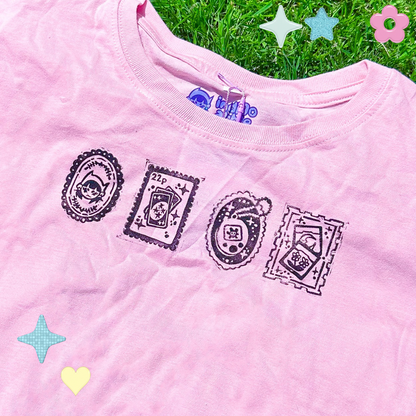 [XS] 'Nostalgia Postcards' Pink & Black Baby Tee
