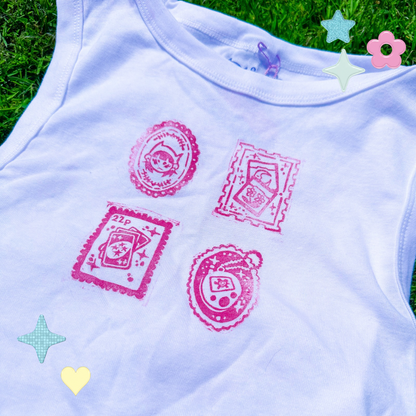 [L] 'Nostalgia Postcards' White & Magenta Tank Top