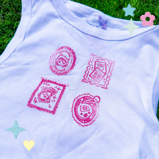 [L] 'Nostalgia Postcards' White & Magenta Tank Top